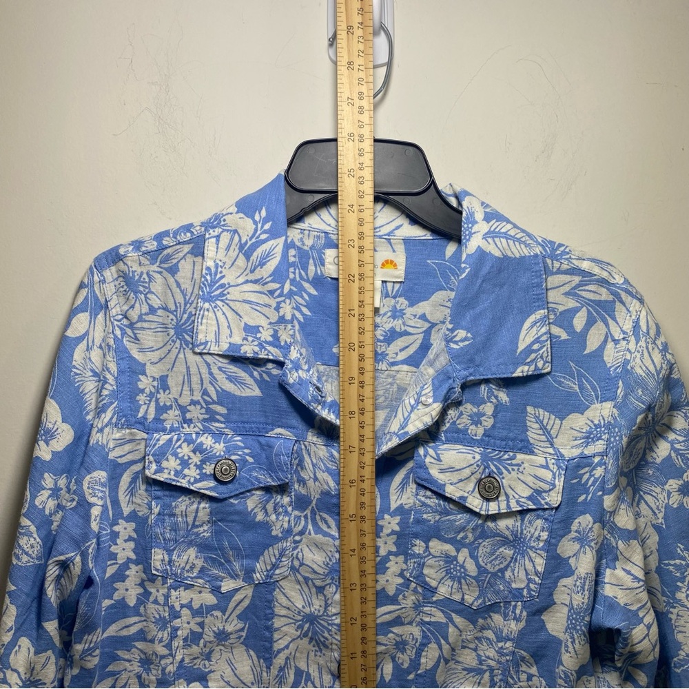 100% Linen Floral Long Sleeve Utility Jacket Womens Romantic Light M Blue Pocket - Picture 7 of 7